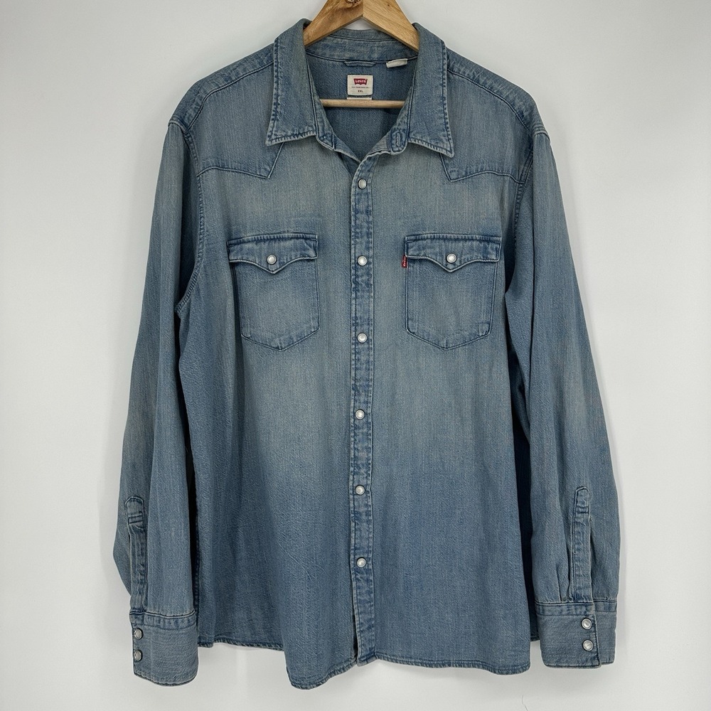 Levis Pearl Snap Men's 2XL Standard Fit Blue Western Shirt Light Wash Cowboy